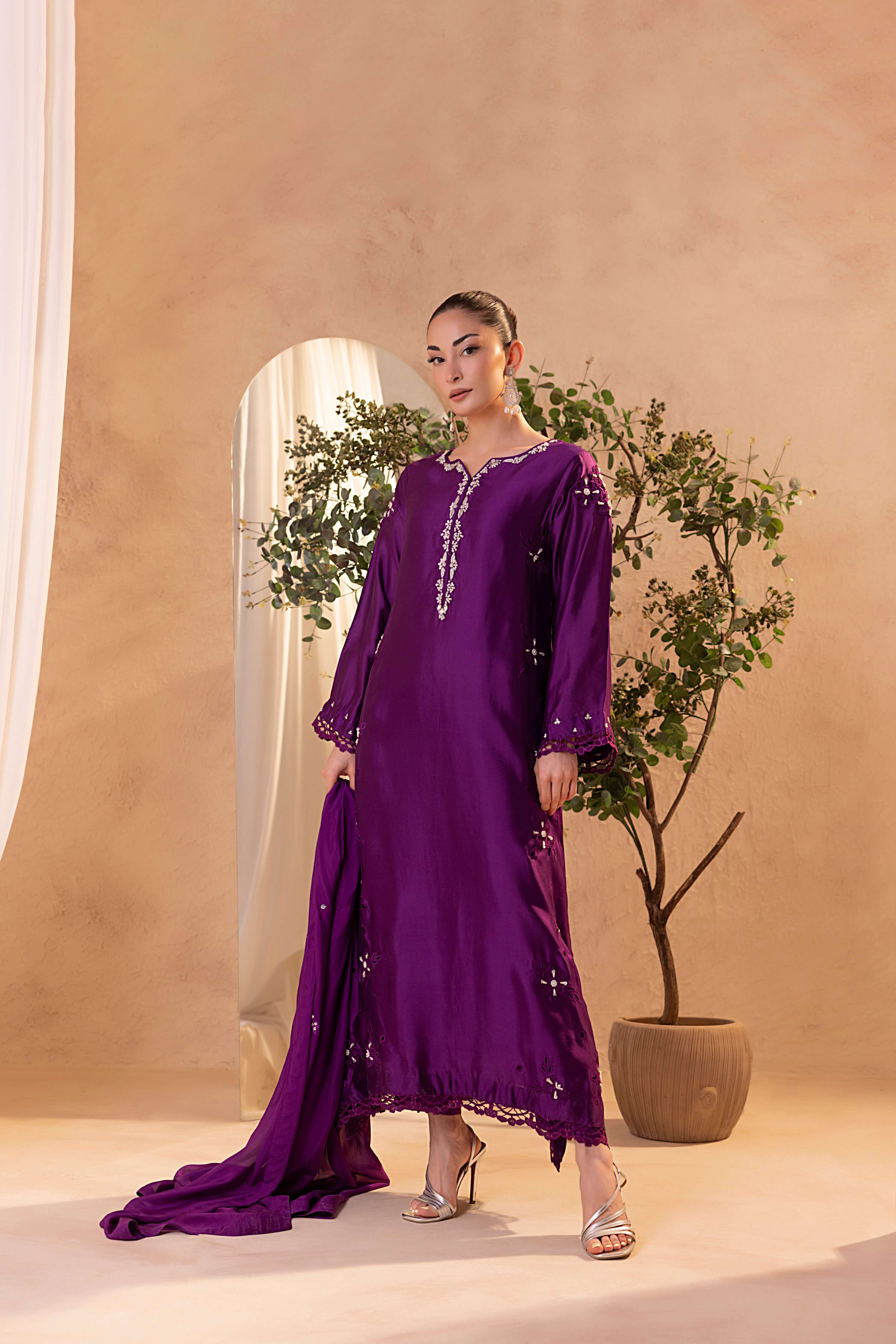 Aurelie Purple Silk Dress Luxury Outfit for Formal Parties Shirt & Pants / L / Plain Dupatta Aurelie Purple Silk Dress Luxury Outfit for Formal Parties Shirt & Pants / L / Plain Dupatta