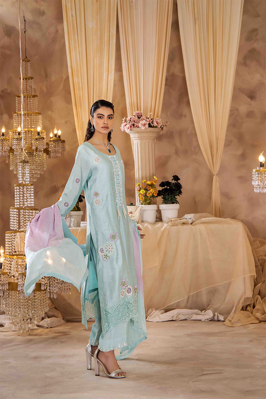 zari dress designs RANIA'24 Simple SIZES:00 light green color lehenga navy blue long homecoming