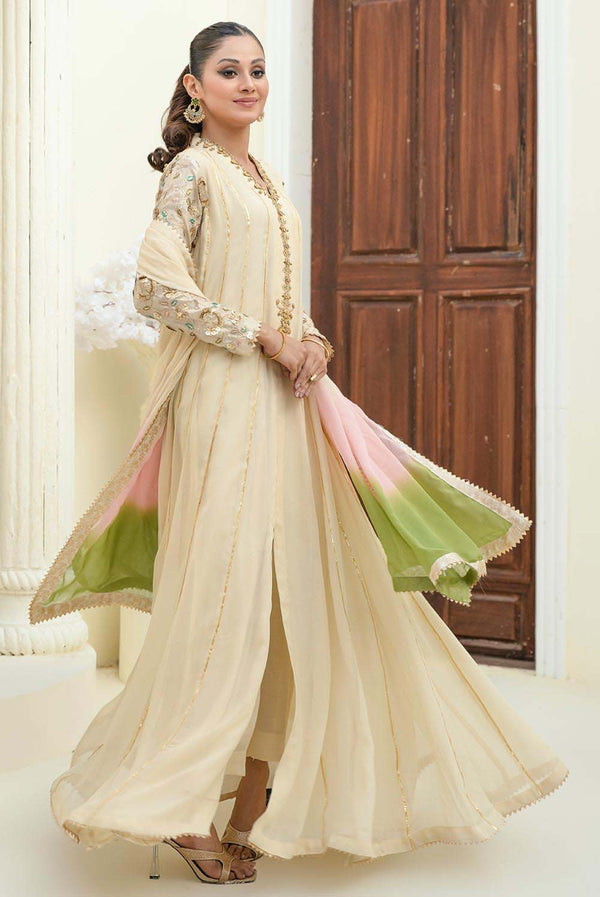 SONA – Beige Chiffon Pakistani Kalidar with Intricate Embellishments Shirt & Pants / L / Plain Dupatta