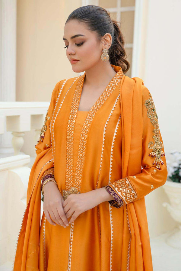 QIRA Mustard Shisha Silk Pakistani Dress with Crystal Embroidery Shirt & Pants / XS / Sleeves Lining QIRA Mustard Shisha Silk Pakistani Dress with Crystal Embroidery Shirt & Pants / XS / Sleeves Lining