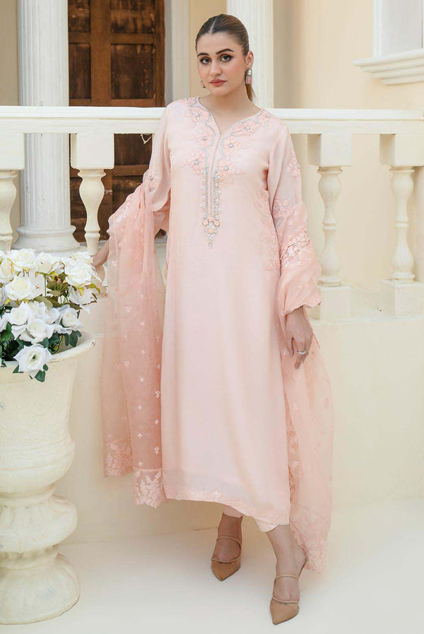 AMAYA  Dusty Pink Karandi Silk Pakistani Dress with Embroidery Shirt & Pants / XL / Scarf