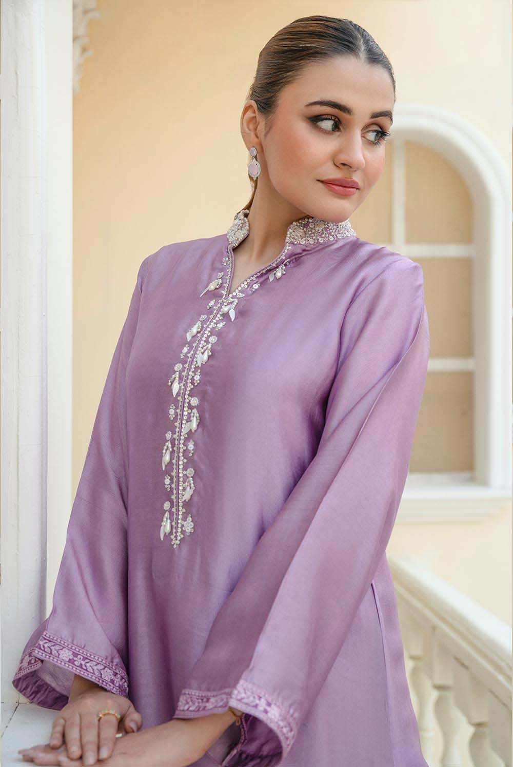 ZERIN – Dark Lilac Shisha Silk Pakistani Dress with Hand Embroidery –  Shireen Lakdawala