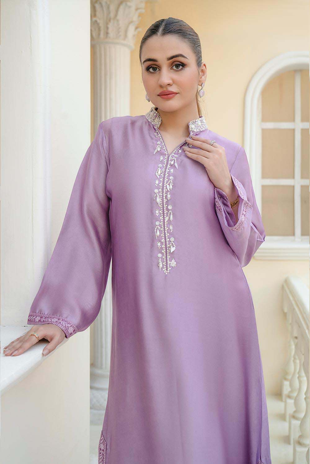 ZERIN  Dark Lilac Shisha Silk Pakistani Dress with Hand Embroidery Shirt & Pants / M / Custom Measurement