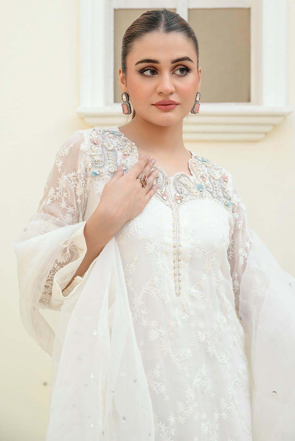 AZIRA – White Chiffon Pakistani Dress with Crystal Embroidery – Shireen  Lakdawala