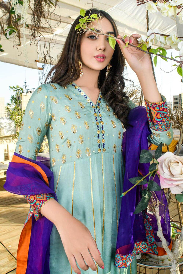 Crystal Green Pakistani Dress – Chiffon with Embroidery & Tilla Work Shirt & Pants / S / Dupatta As Shown
