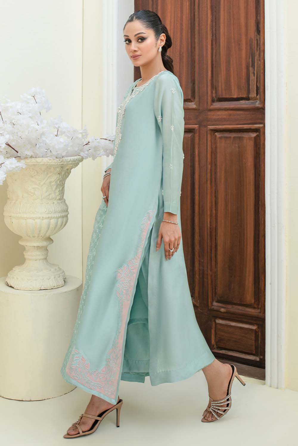 ELIRA Ice Blue Shisha Silk Pakistani Dress with Pearl Embroidery Shirt & Pants / XL / Sequin Dupatta ELIRA Ice Blue Shisha Silk Pakistani Dress with Pearl Embroidery Shirt & Pants / XL / Sequin Dupatta