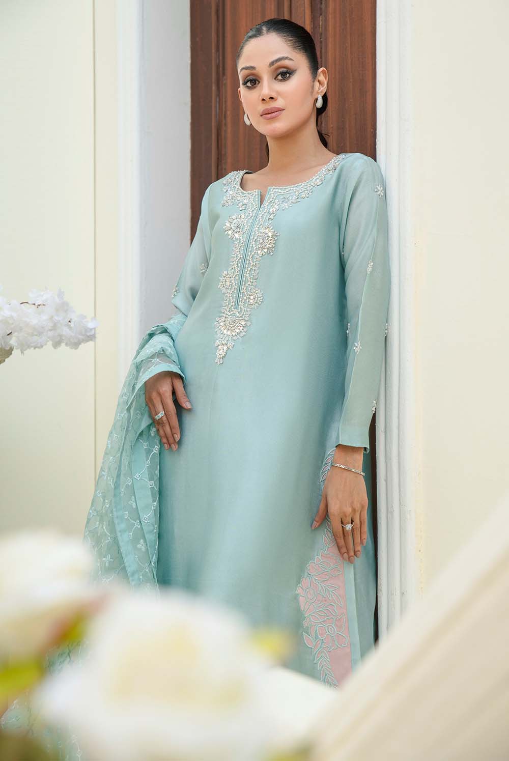 ELIRA Ice Blue Shisha Silk Pakistani Dress with Pearl Embroidery Shirt & Pants / XL / Sequin Dupatta ELIRA Ice Blue Shisha Silk Pakistani Dress with Pearl Embroidery Shirt & Pants / XL / Sequin Dupatta