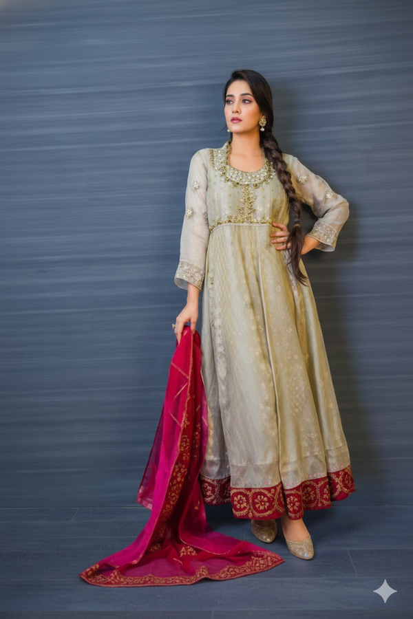 Radiate Elegance with Fuchsia Gold Pakistani Designer Dress