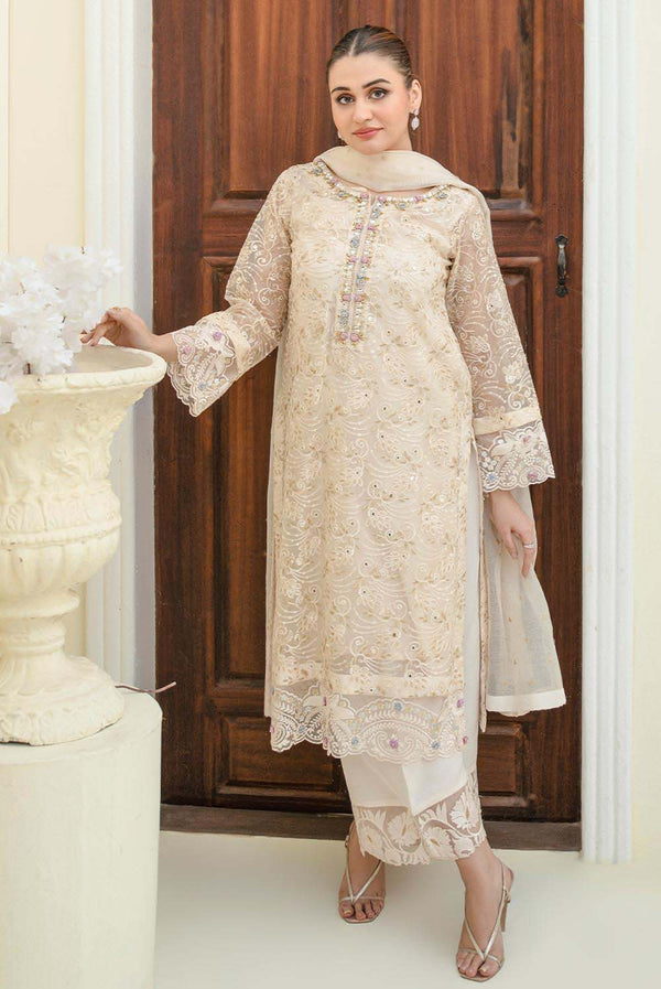 KEZRA Ivory Beige Organza Pakistani Dress with Floral Embroidery Shirt & Pants / XL / Scarf KEZRA Ivory Beige Organza Pakistani Dress with Floral Embroidery Shirt & Pants / XL / Scarf