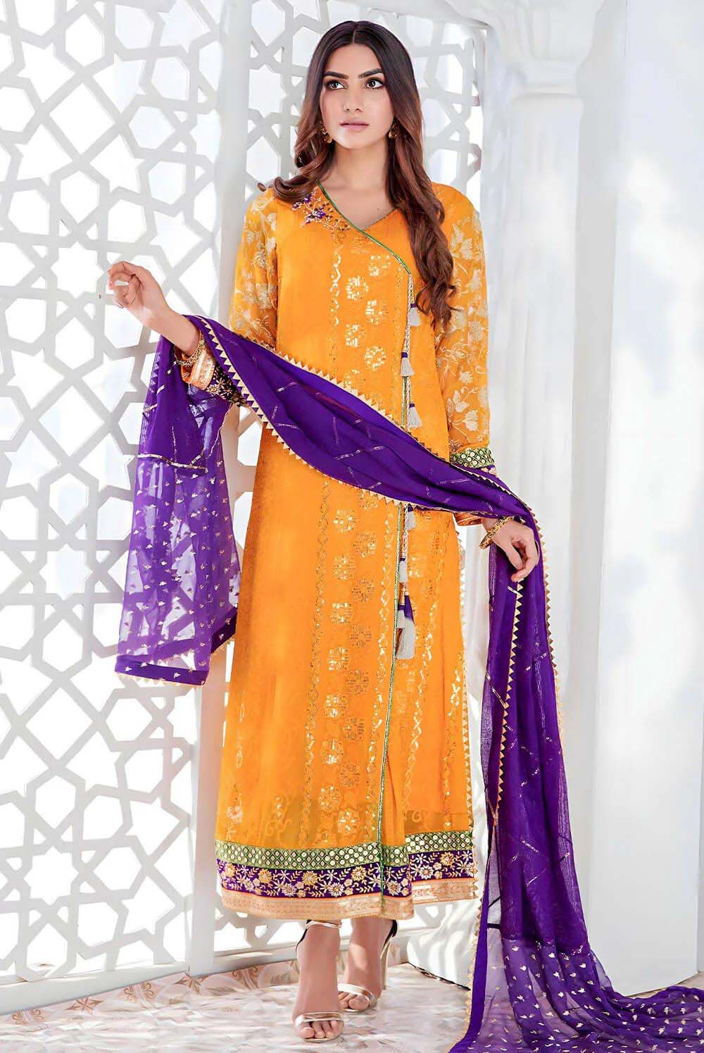 orange and purple pakistani dresses Purple / Green & Orange Pakistani Women Party Wear Dress