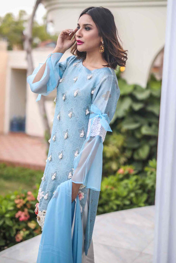 Dive into Serenity with Aqua Color Pakistani Designer Dress