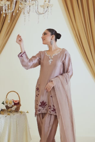 Video of model showcasing Emina taupe butter silk Eid set with maroon appliqué embroidery and crystal detailing. 
