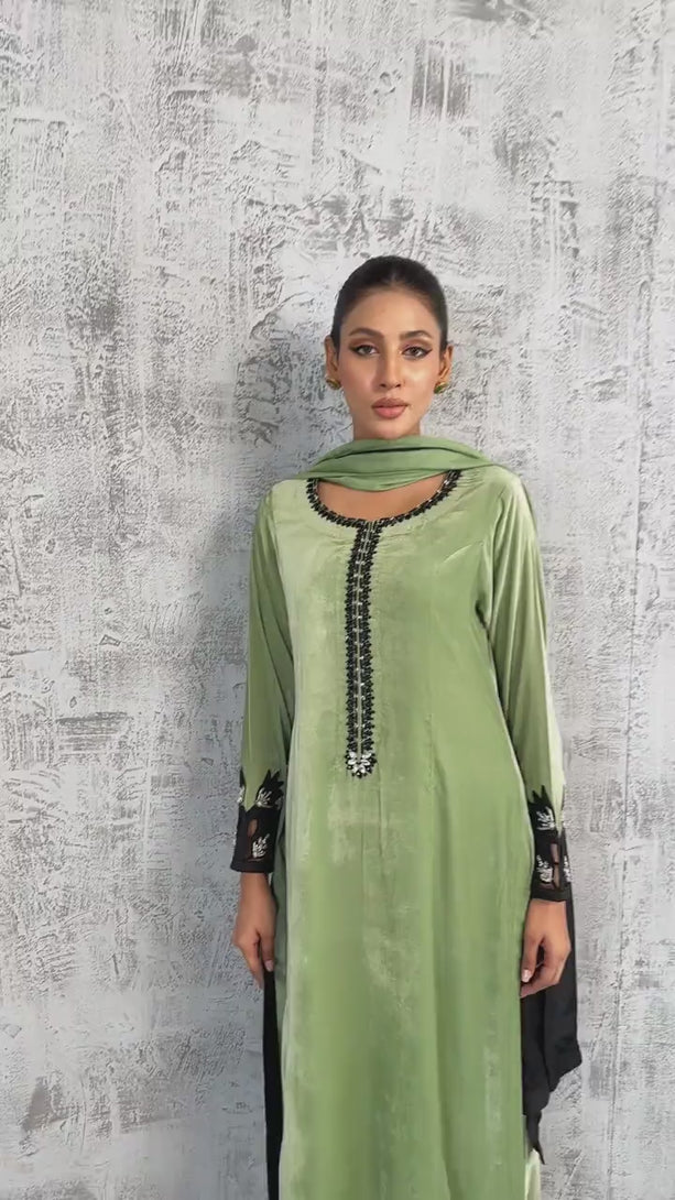 A video of a model showcasing a sage green velvet long tunic, fluid drape of the fabric and the ombré black-to-green transition of the shawl. 