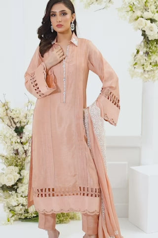 Video capturing close‑up of Izora peachy pink tassar silk sleeve, scalloped edges and cut‑out detailing highlighted as fabric moves gracefully, braided accents layered over sheer inner panel.
