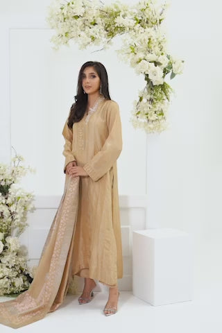 Video showcasing model walking gracefully in studio and outdoor settings, highlighting outfit details with close‑up shots of embroidery, flowing fabric, and accessories.
